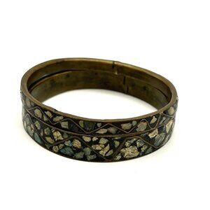 Vintage Brass Bangles Pair Mosaic Stone Inlay Boho Gypsy Jewelry